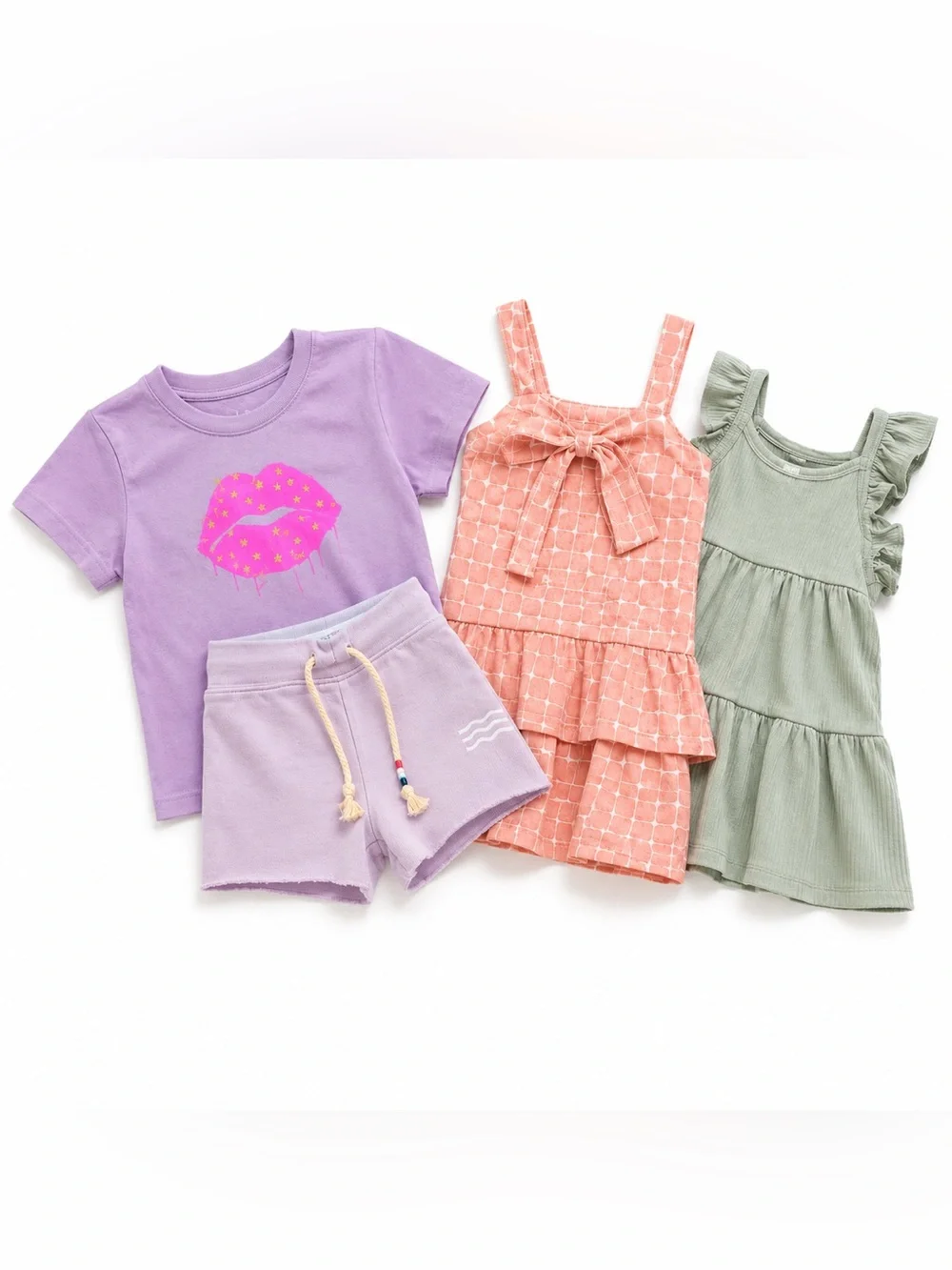 Girls Summer Set: Lavender Tee & Shorts, Coral Ruffle Dress, Sage Tiered Dress